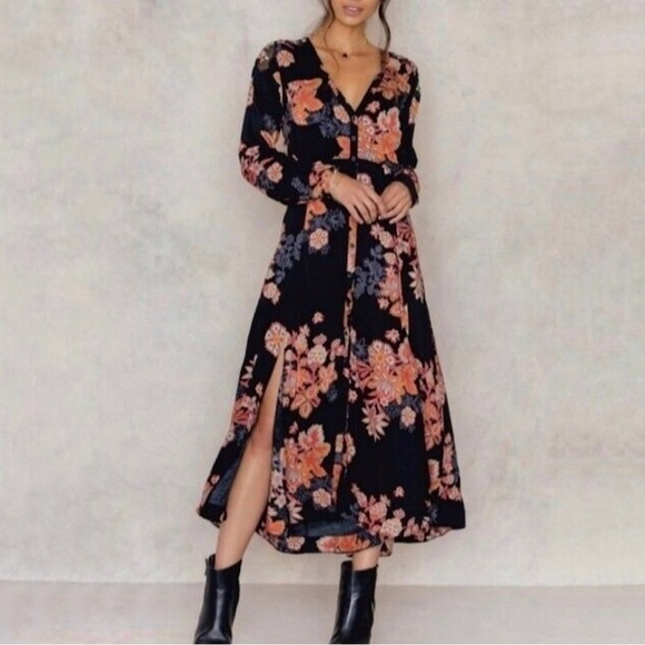 Free People Miranda Floral Button Front Midi Dress Black Combo 2 - Picture 16 of 16